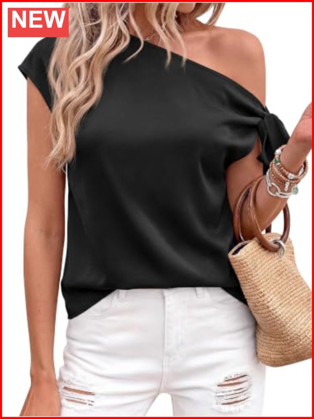 Off Shoulder Satin Blouse Short Sleeve Summer Top Tie Knot Asymmetrical Neck